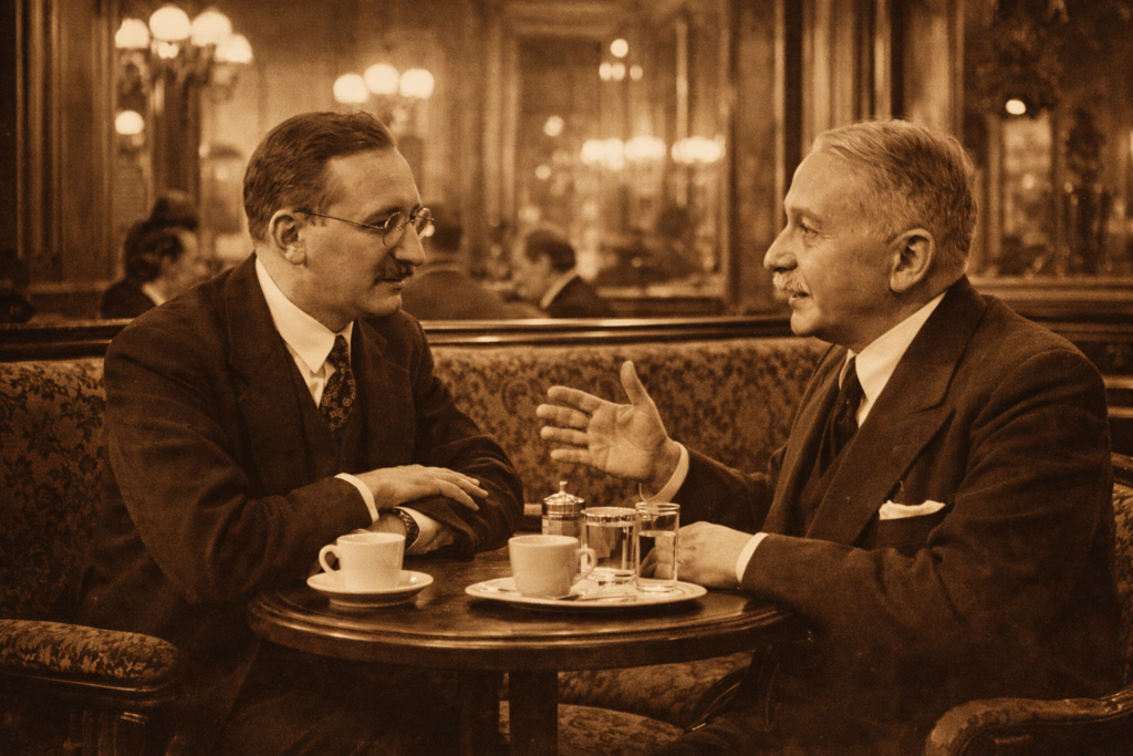Friedrich August von Hayek und Ludwig von Mises im Gespräch.